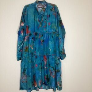 Johnny Was Silk Eisen Watercolor Dress Tiered Swing Teal Med